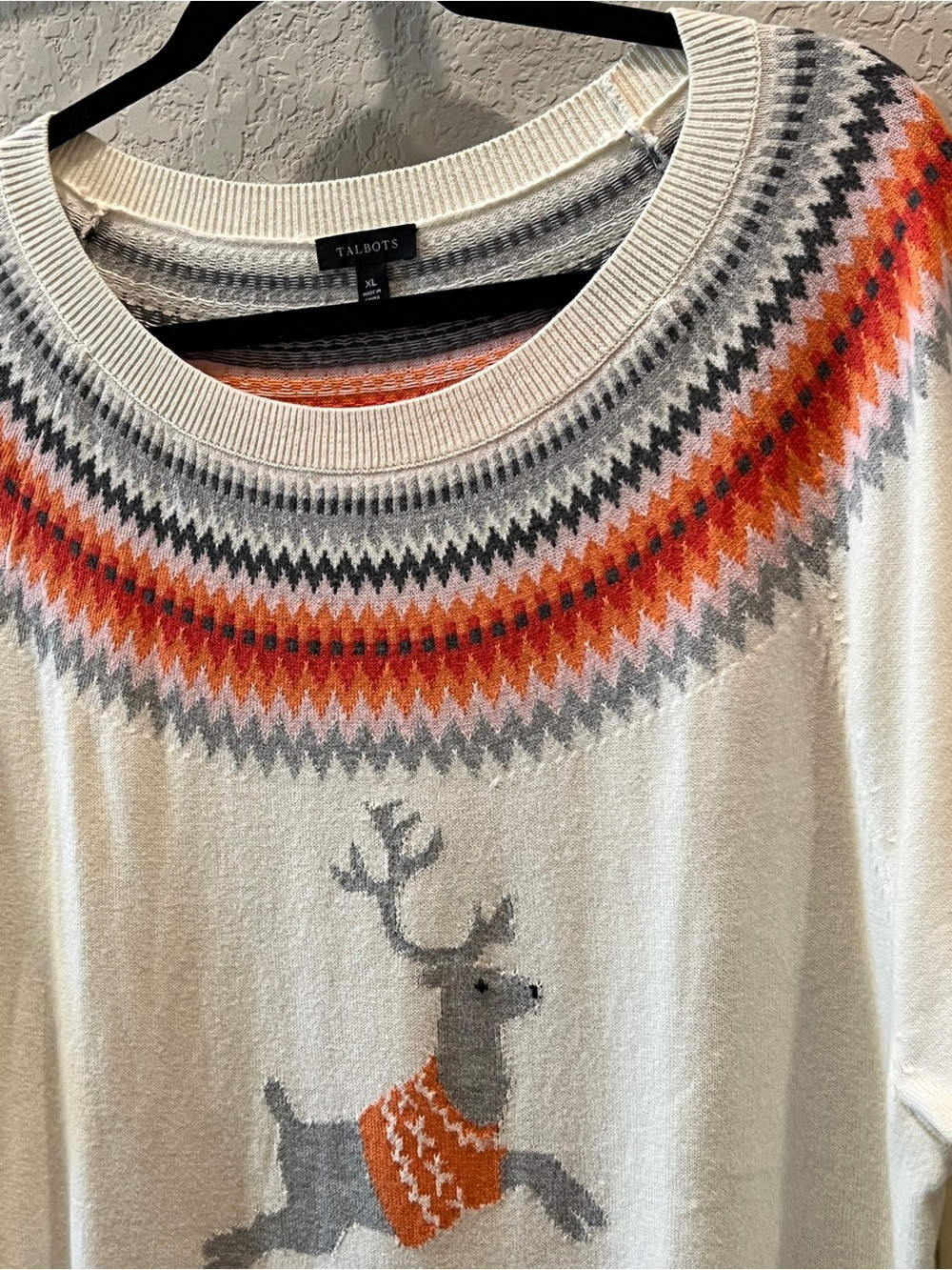 Talbots Reindeer Fair Isle Pullover Sweater Ivory Red Gray Lightweight Size XL - Picture 4 of 11